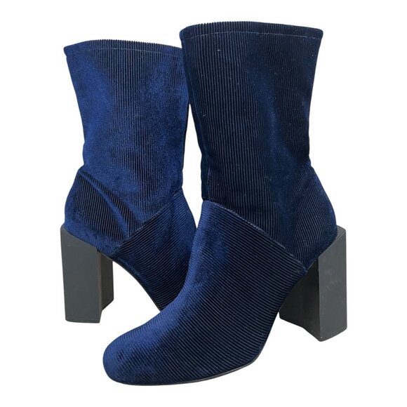 H By Halston Kandi Navy Blue Velvet Corduroy 7.5M Mid Calf Block Heel Y2K - Picture 1 of 10